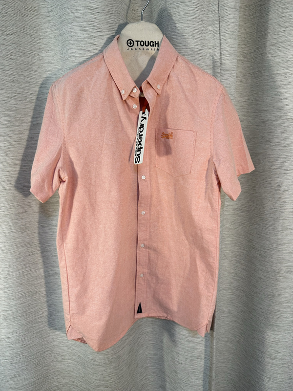 Superdry Men's Short-Sleeved Shirt Spring and Summer Flesh Pink Orange Cotton and Linen Comfortable and Extremely Dry