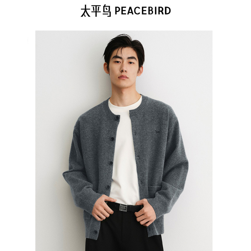 Peacebird Men's Cardigan Jacket Casual Sweater Spring and Autumn New Style Dog Embroidery Men's Lazy Style Sweater Trendy