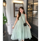 Летнее свободное платье, длинная шифоновая юбка без рукавов, в корейском стиле