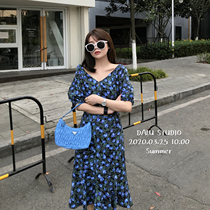 DALU French pastoral temperament printed short sleeve top fishtail skirt long floral skirt spring and summer two-piece set