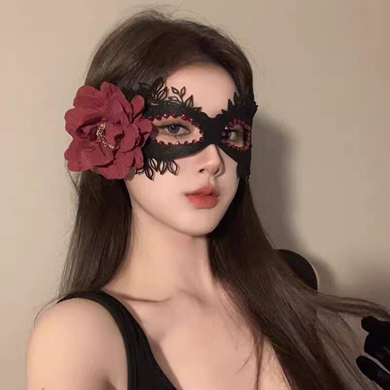 Black flower rabbit mask, Halloween costume party cosplay prop, lace eye mask, party face covering, unique face mask.