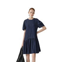 EIN Yan retro fashionable literary temperament denim simple round neck puff sleeve low waist dress 24 new summer styles