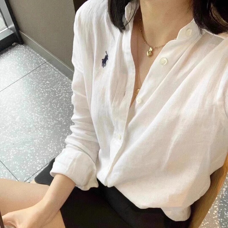 "Raff Aesthetics" White Linen Shirt for Women, Spring and Summer, with Small Horse Logo, Loose Casual Long-Sleeve Thin Sun-Protective Shirt