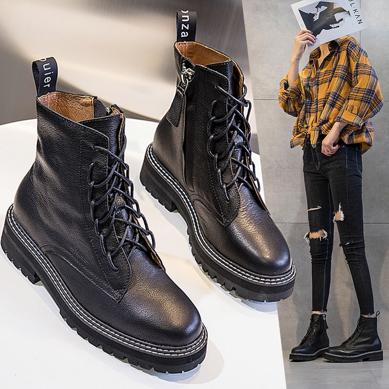 Power to power the same amount of genuine leather short boots female Inn Wind 2021 Winter gush Inlenty wind Black inside heightening Martin boots