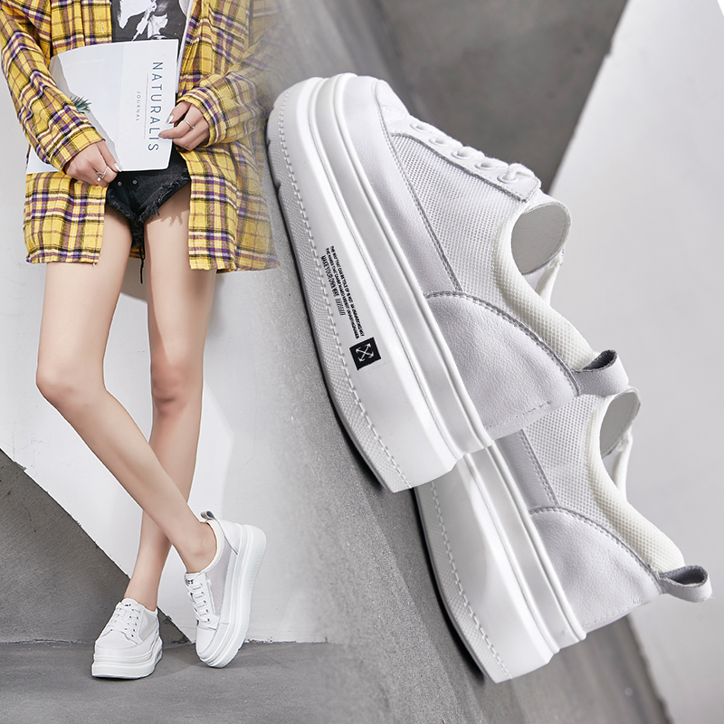 Web hollow thick soles small white shoes in 2019 new summer air breathable liquor network red inner leather pine shoes