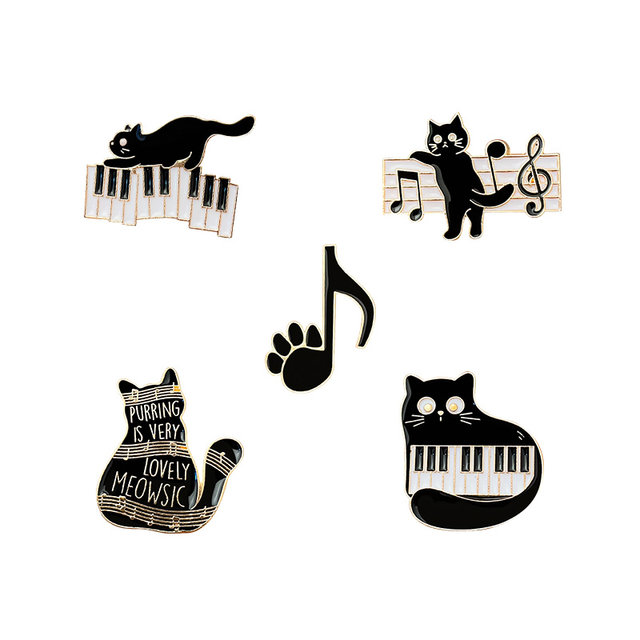 ດົນຕີກາຕູນ black cat brooch piano note metal badge cute kitten personalized men and women's bag accessories