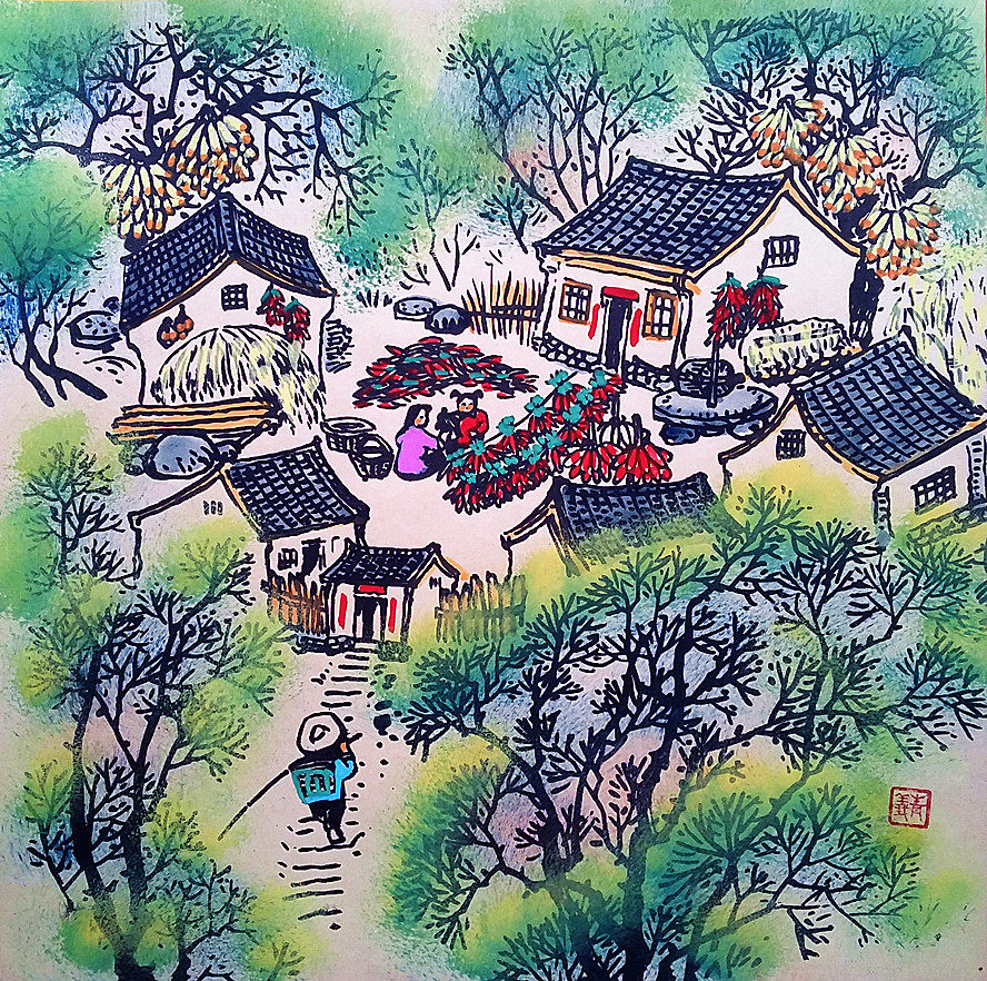 Red pepper pepper harvest farm yard annunciation Zhang Qingyi Shaanxi Huxian farmer painting size 25x25cm