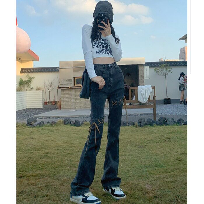 175 Lengthened Smoke Gray Lace-Up Jeans Women's Spring Tall Design High Waist Elastic Thin Flared Pants - Taobao