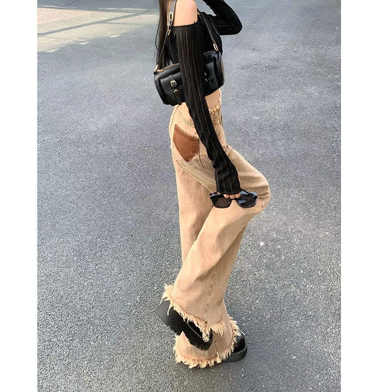 170 Lengthened American-style raw edge coffee-colored tassel jeans women's 175 ultra-long retro high-waisted wide-leg mopping pants