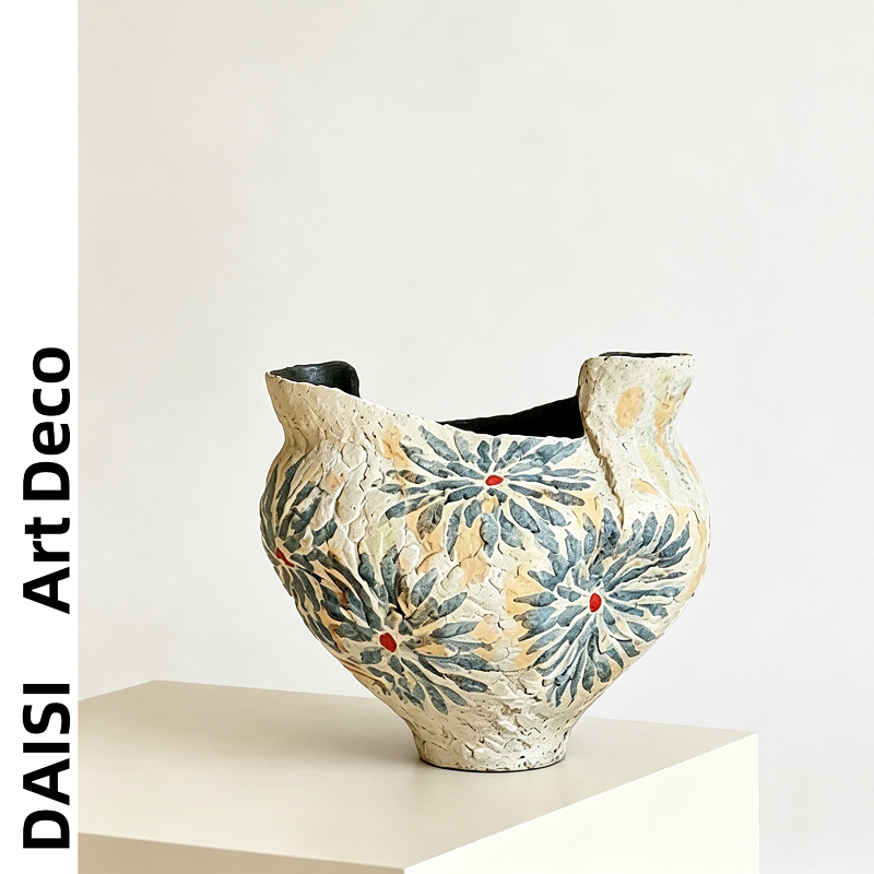 Wabi-Sabi Style Designer Hand-Painted Colorful Glaze Ceramic Vase for Sales Office, Study, Homestay, Dining Table Flower Arrangement