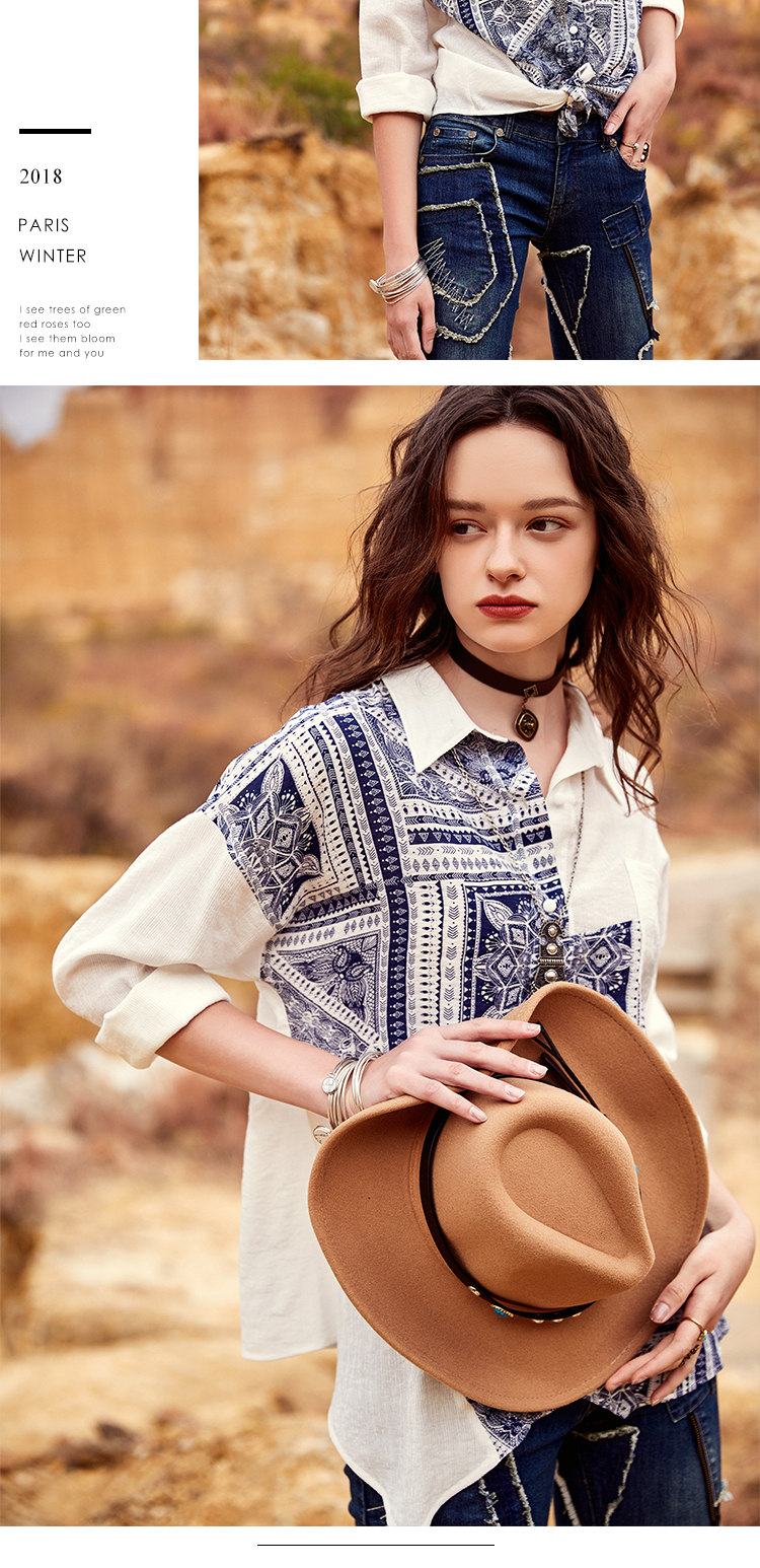 P Aka 2018 mùa thu mới retro quốc gia khảm màu khâu ra khỏi vai tay áo không thường xuyên hem shirt SA11389C áo sơ mi nữ dài tay hoa