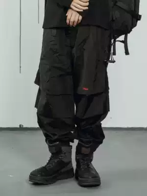 POH 19AW vampire embroidery wash water carbon black loose double pleated metal nylon bunch feet trousers national tide overalls