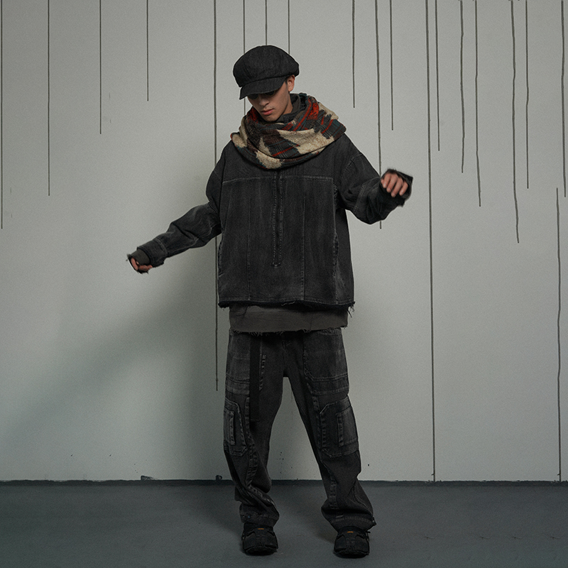 POH 19AW fried color washed old destruction burrs loose black denim jacket men's national tide trend jacket