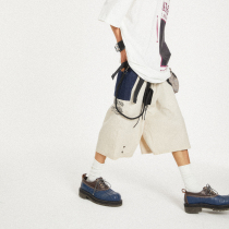 POH different material color matching arrow print loose punk profile straight five denim stitching casual shorts men