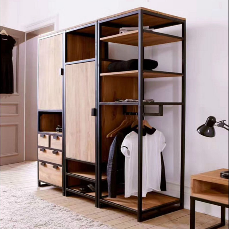 Nordic Retro Industrial Style Solid Wood Wardrobe Clothing Store Display Shelf Home Multifunctional Hanger Wardrobe Combination