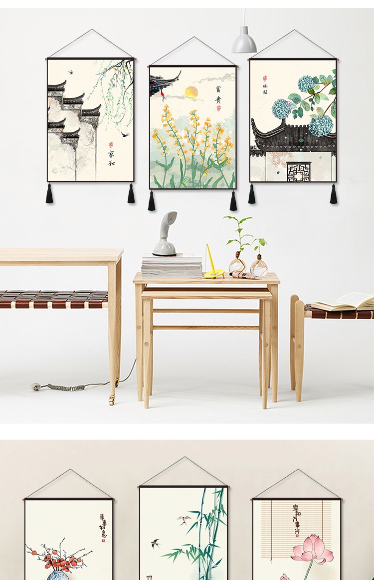 Mới phòng khách kiểu Trung Quốc trang trí sơn nhà hàng sofa nền chăn tường Trung Quốc phong cách khách sạn treo hiên hiên tấm thảm ba liên kết 	thảm treo tường doremon	