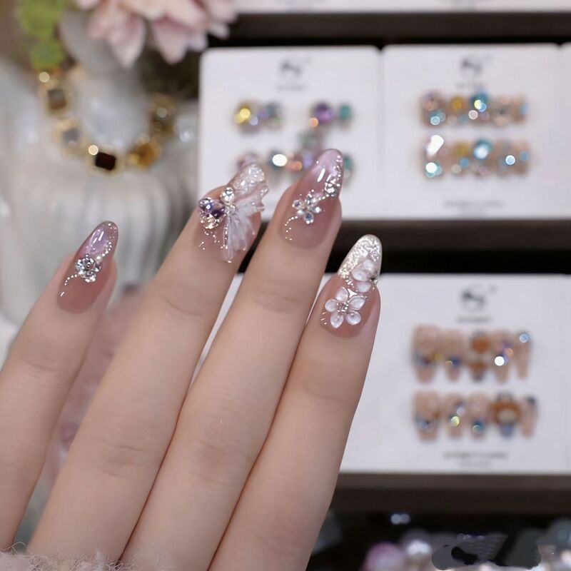 【Springtime Abundance】Ice-Clear Nude Pink Three-Dimensional Butterfly Flower Sparkling Diamond Manicure, Elegant and Complexion-Enhancing, Handmade Wearable Nails 【Springtime Abundance】Ice-Clear Nude Pink Three-Dimensional Butterfly Flower Sparkling Diamond Manicure, Elegant and Complexion-Enhancing, Handmade Wearable Nails