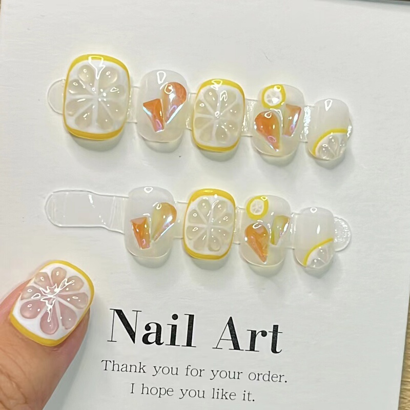 Summer Lemon Fresh Short Style Handmade Wearable Nails Cute Student Manicure Brightening Nail Stickers Finished Product New Style Summer Lemon Fresh Short Style Handmade Wearable Nails Cute Student Manicure Brightening Nail Stickers Finished Product New Style