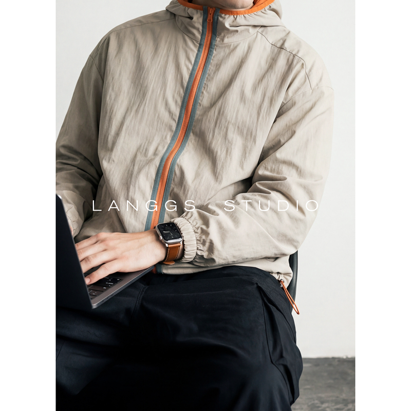 Langgs Langyu Chuan Light Luxury Red-Gray Tone Patchwork Jacket Upf50+ Sun Protection Spring Casual Hooded Jacket
