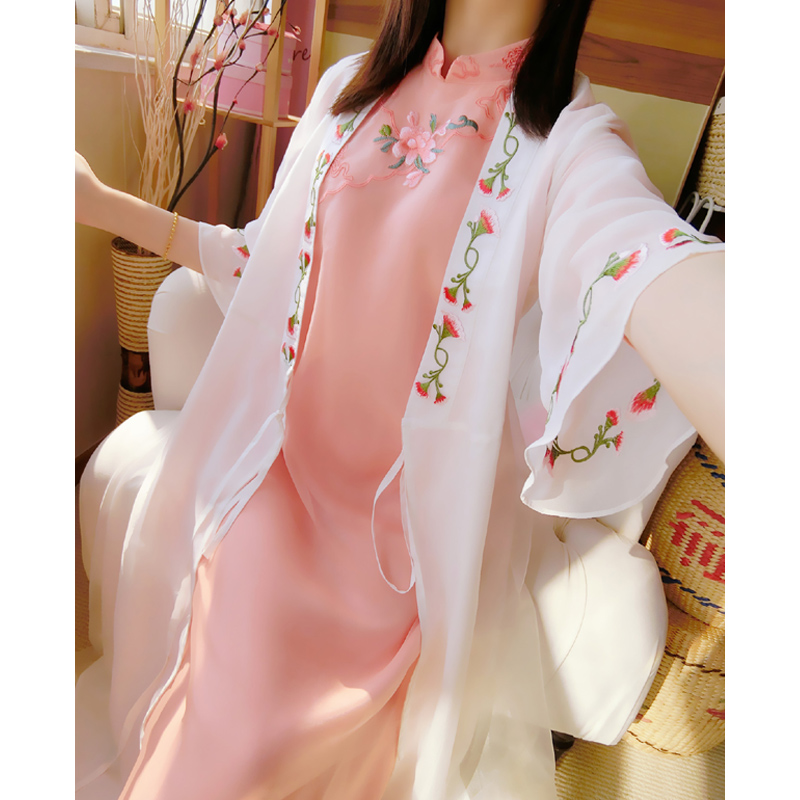 Vintage áo gió cô gái trung dài yếu tố Han áo thêu cổ chữ V loose-fitting tie với 100 bộ sừng tay sun-kissed cardigan