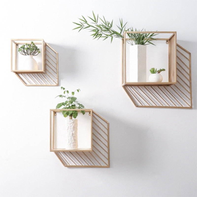 Nordic wrought iron wall shelf creative geometric metal paint color shelf study bedroom minimalist style decorative shelf