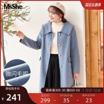 MsShe large size womens fat mm winter college style shawl lapel glossy silk medium long woolen coat coat