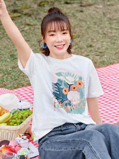 [Tencel Cotton] Msshe Plus Size Women's Clothing 2025 Summer Fat Girl Slimming Printed Glitter Short Sleeve T-Shirt Top