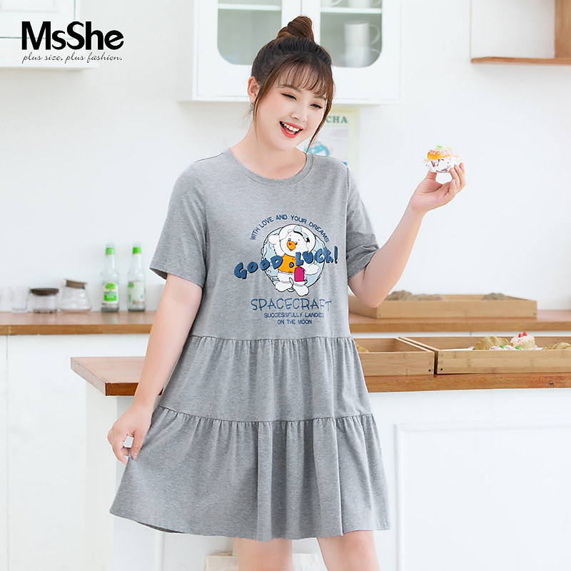 MsShe large size women's clothing 2021 new summer clothes fat mm glitter letters little flying pig printing T-shirt home service night dress
