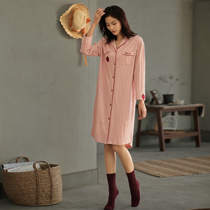 Nightgown women's spring and autumn cotton long sleeves medium long version of the simple tightness show thin spring summer cotton summer thin shirt pajamas