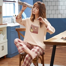 Pajamas Women Spring and Autumn Cotton Nine Long Sleeve Pants Two Piece Set Sweet and Cute Cotton Home Clothes Autumn and Winter Set