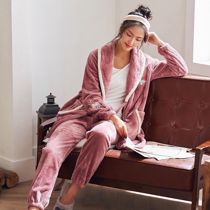 Pajamas Woman Autumn Winter Gushed Short Gown With Pants Two-piece Suit Coral Suede Sleeping Robe Warm Flannel Suede Home Clothing