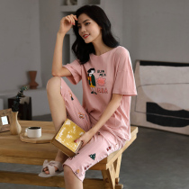 Pajamas women Summer cotton short sleeve seven-point trousers two-piece thin summer cartoon cute cotton home suit