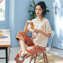 Pajamas women Summer cotton short sleeve Capri pants sweet cute round neck pullover cotton home suit suit can be worn outside