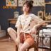 Phiên bản Hàn Quốc của phụ nữ đồ ngủ mùa hè mỏng phần hai bộ đồ thể thao tay ngắn cotton và bộ đồ dịch vụ giải trí tại nhà có thể được mặc - Cha mẹ và con bộ jumpsuit hoạt hình cho bé và mẹ Cha mẹ và con