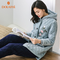 Multi-Latin American coral velvet padded pajamas Womens winter three-layer thickened warm flannel home clothes winter hooded suit