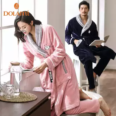 Winter couple nightgown two-piece suit thickened flannel bathrobe pajamas female autumn and winter men's winter coral velvet mid-length