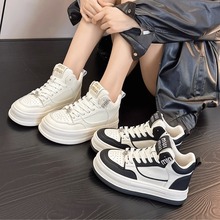 Gaobang board shoes, casual white women's shoes, versatile autumn and winter 2023, high top sole sports shoes, Hong Kong leather thick round toe