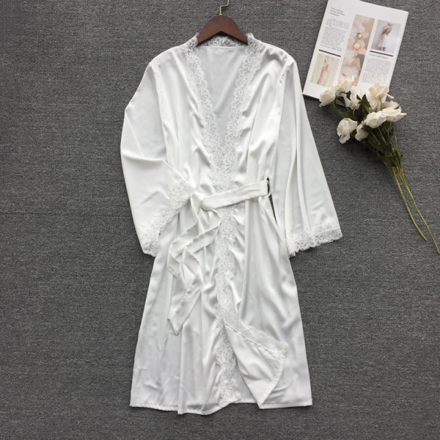 ຊຸດນອນສຳລັບຜູ້ຍິງ Ice Silk Spring Autumn and Summer Air-conditioned Room Versatile Lace Suspender suit can be Weared Outside Solid Color Thin Bathrobe