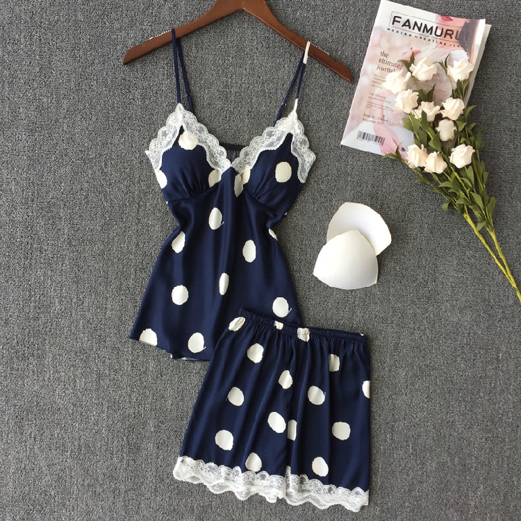 Pajamas female summer ice silk black and white big wave point cute sweet student camisole shorts sexy lace home service