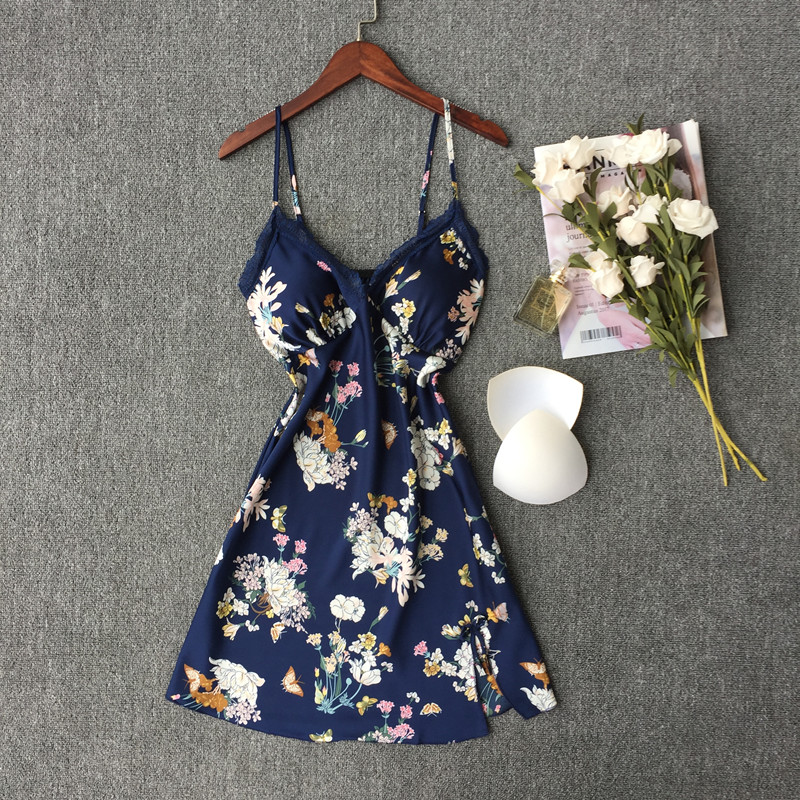 Spring Autumn Sexy Pyjamas Women's Ice Silk Harness Chest Cushion Lace Slim Cut Short Skirt Small Crushed Printed Summer Private Room Home-Taobao