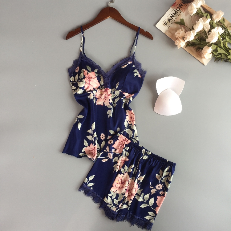 Pajamas Spring Summer thin ice ribbon with chest pastry shorts two pieces of package printed home suit