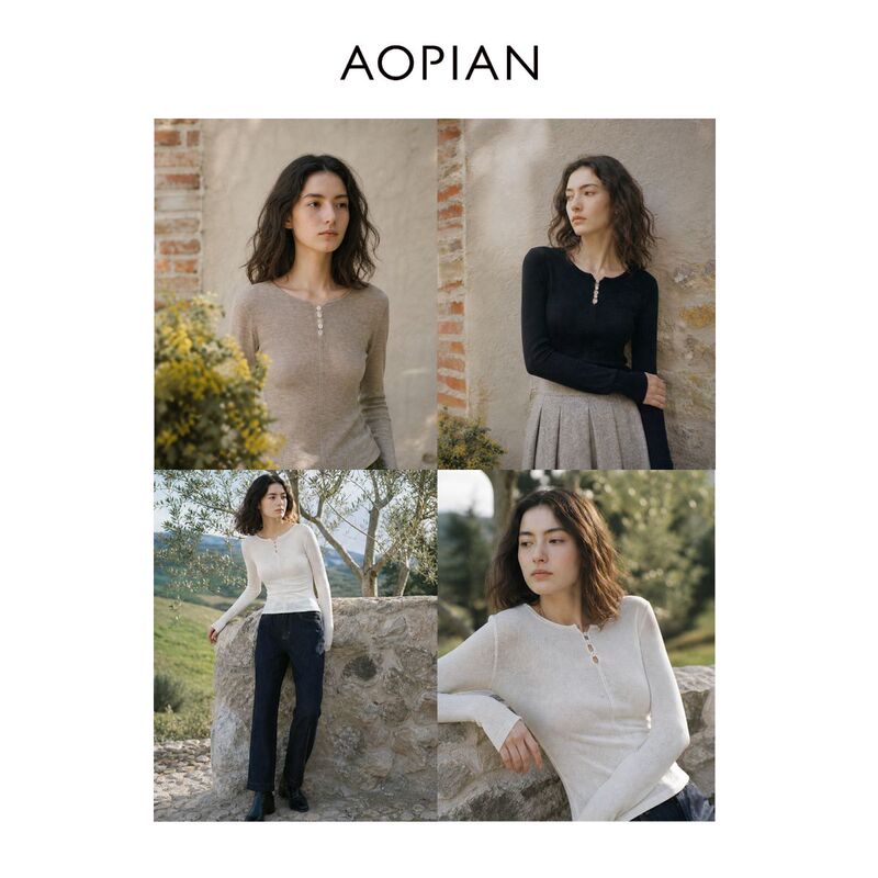 [Three-Button Water Drop Collar] Ultra-Fine Merino Wool Small Henry Collar Hollow Placket Slim-Fit Knit Base Shirt