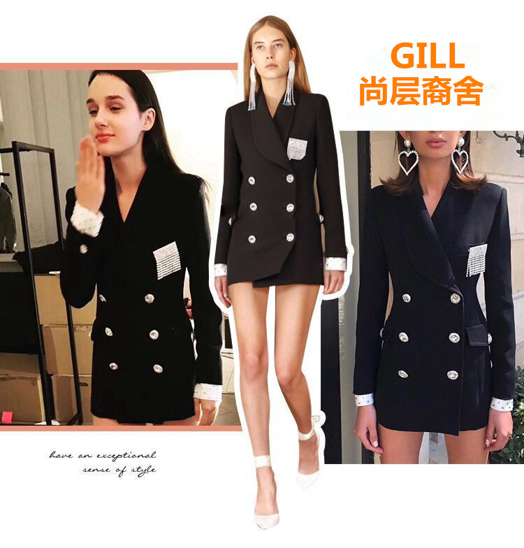 2018 đầu mùa thu mới màu đen kim cương đôi ngực nút phù hợp với váy lấp lánh còng với trâm ve áo nữ áo khoác bộ vest chân váy