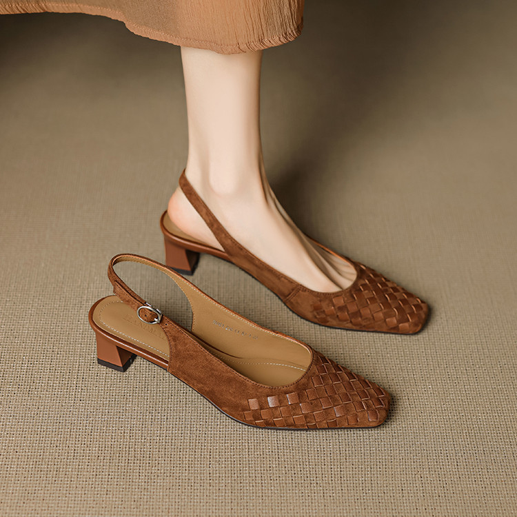 Manual-Style Shoe Store~Super Comfortable@Retro-Style Square-Toe Genuine Leather Mid-Heel Woven Closed-Toe Sandals for Women Summer