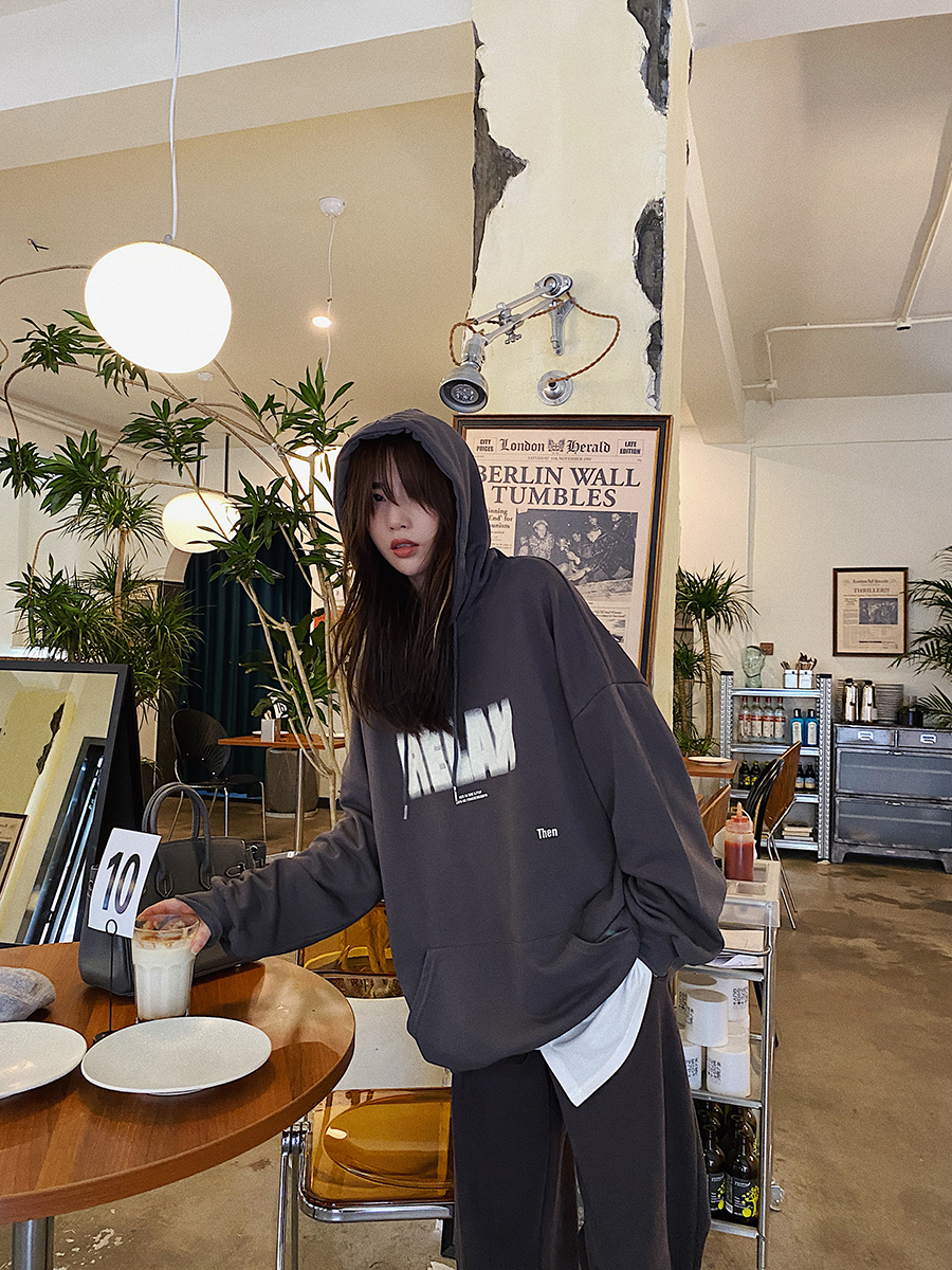 Xiao Nian custom gray hooded mold letters thick cotton T women spring and autumn lazy wind casual loose thin pullover jacket