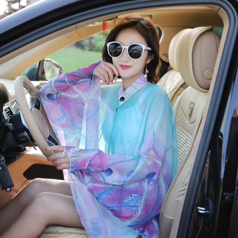 Spring and Summer New Sun Protection Shawl Driving Sunshade Three-Button Long-Sleeved Feather Print Chiffon Shirt Cape Jacket 2025