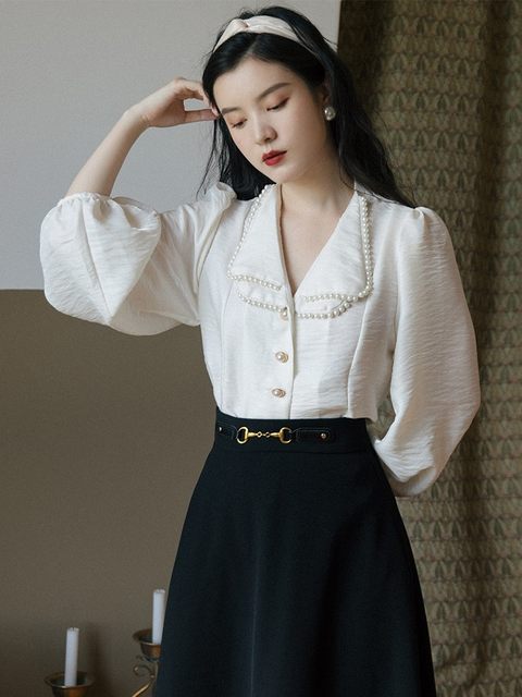 Autumn new women's suit beaded double collar shirt retro top with skirt mid-length umbrella skirt two-piece set