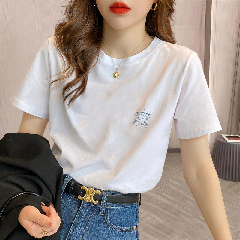 Korean 2026 Summer New Style Pure Cotton White Short-Sleeved T-Shirt for Women, Straight Shoulder, Loose, Stylish, Printed Design, Simple Top