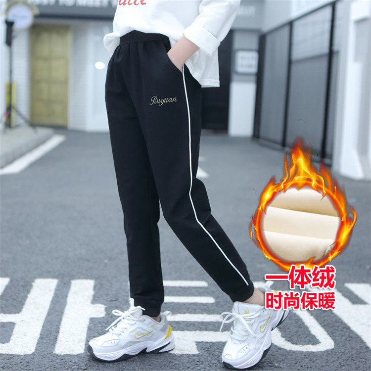 Girl Autumn Winter Plus Suede Pants Outside of the Ocean School Wind Loose Pure Cotton Medium Large Children Casual Sports Thickened Trousers