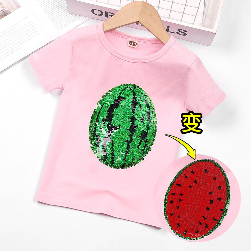 Girls Short Sleeve T-Shirt Summer Sequins Color Changing Watermelon Cotton Girls Big Kids Western Style Kids Short Sleeve Tops Summer